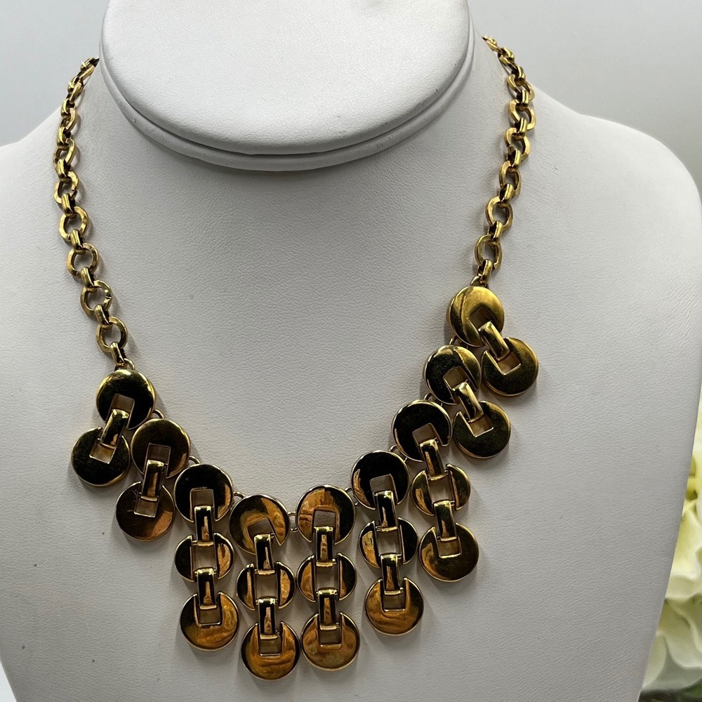 Liz‎ Clairborne Vintage Gold Tone Circle Disc Metal Link Bib Retro Necklace
